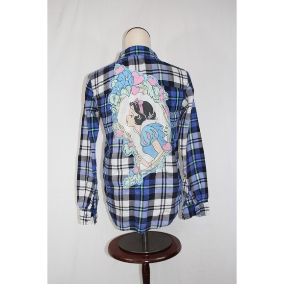 Upcycled Flannel Snow White Shirt Women's XS Button Up Plaid Bleached Distressed - Picture 1 of 10